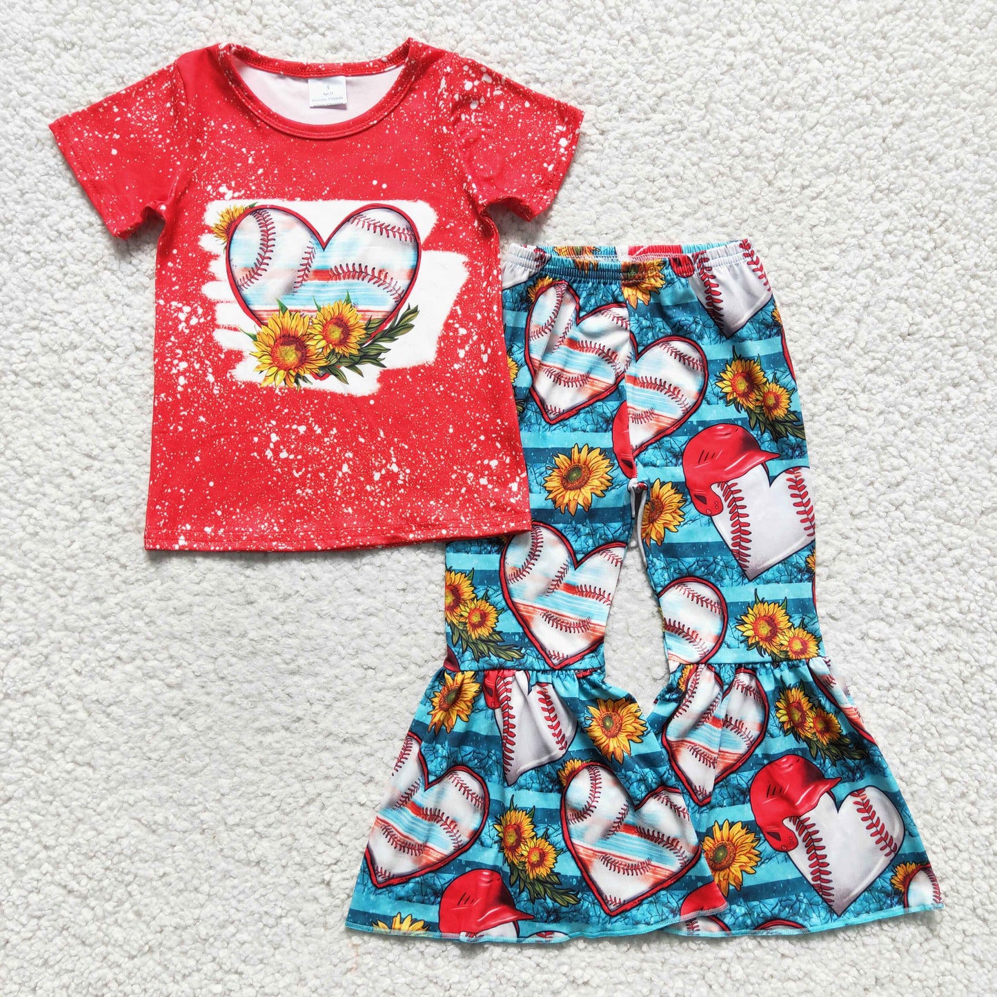 GSPO0252 Girls Love Baseball Sunflower Red Short Sleeve Trousers Suit Milk Silk