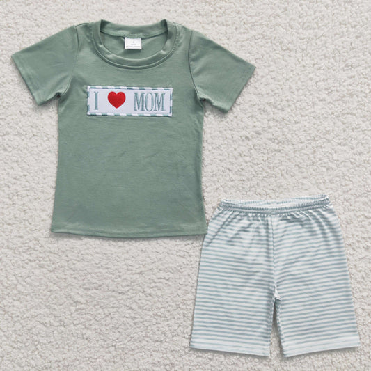 BSSO0173 Boys Embroidered I LOVE MOM Blue Short Sleeve Shorts Set