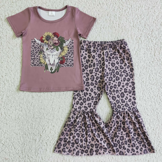 rts no moq GSPO0152 Kids Clothing Girls Short Sleeve Top And Long Pants Cow Print