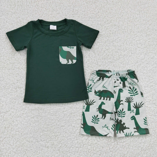 rts no moq BSSO0116 Boys Dinosaur Pocket Green Short Sleeve Shorts Set