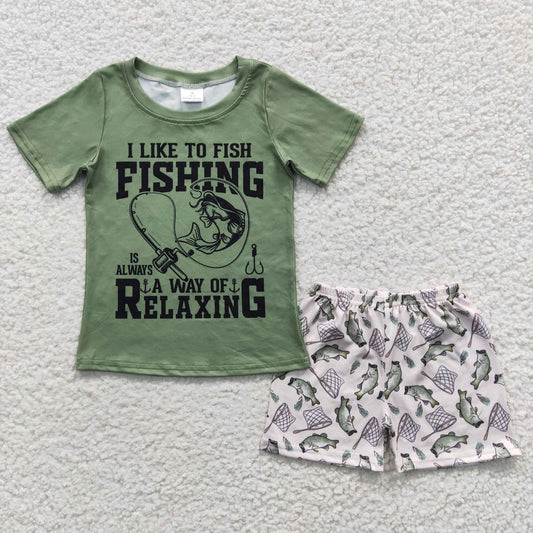 BSSO0257 Boys FISH Fishing Green Short Sleeve Shorts Set