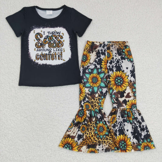 GSPO0484 Girls SASS Sunflower Black Short Sleeve Trouser Set