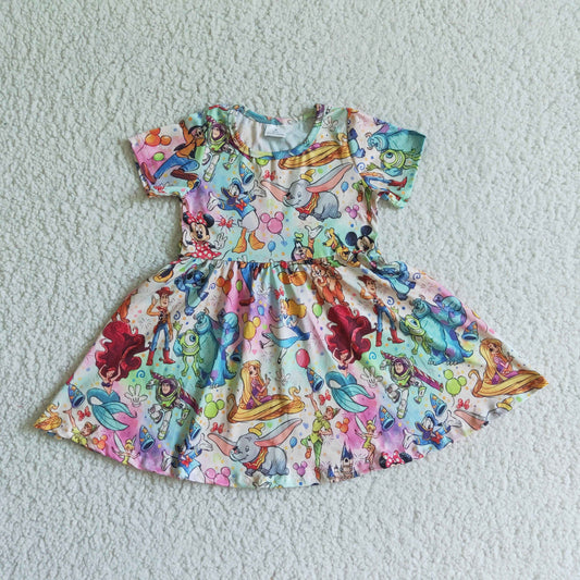 B13-16 Girls Cartoon Print Short Sleeve Dress