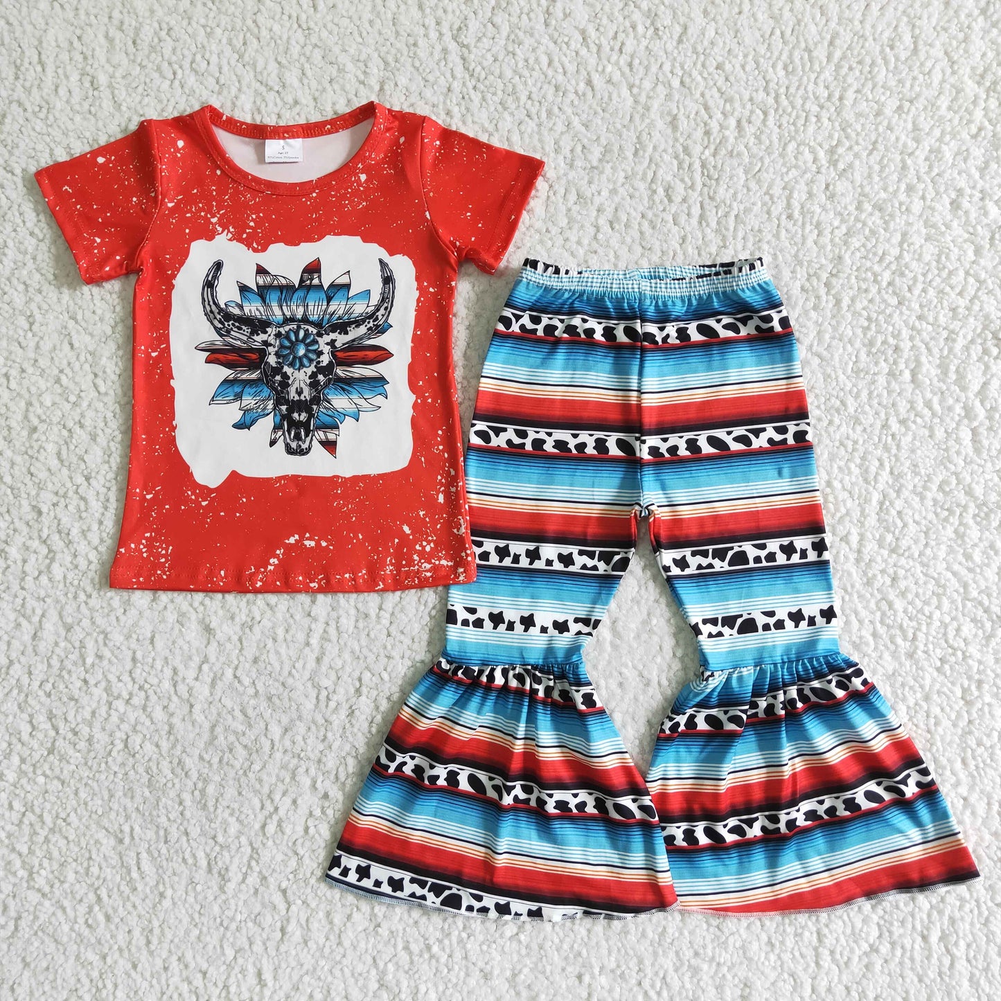 rts no moq GSPO0052 Red Cow Head Short Sleeve Blue Red Cow Stripe Flared Pants Outfits