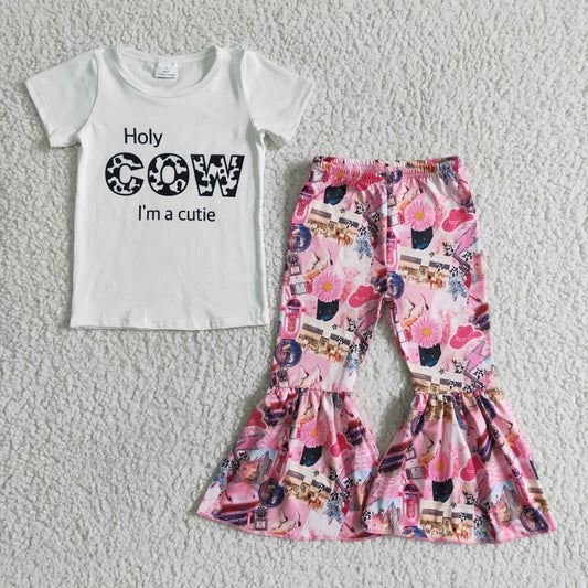 GSPO0033 cow white short-sleeved pink flared pants outfits