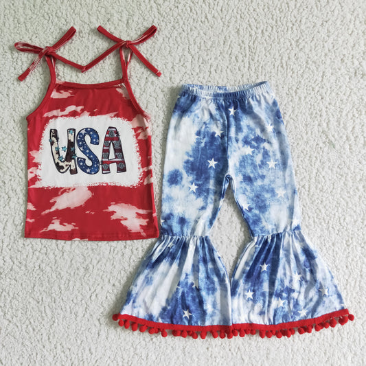 rts no moq GSPO0068  kids girl set sleeveless top with pants July 4th clothes