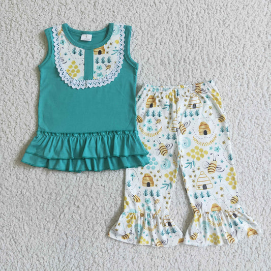 A8-12 Summer sleeveless green topclothing cropped flared  pants bee print