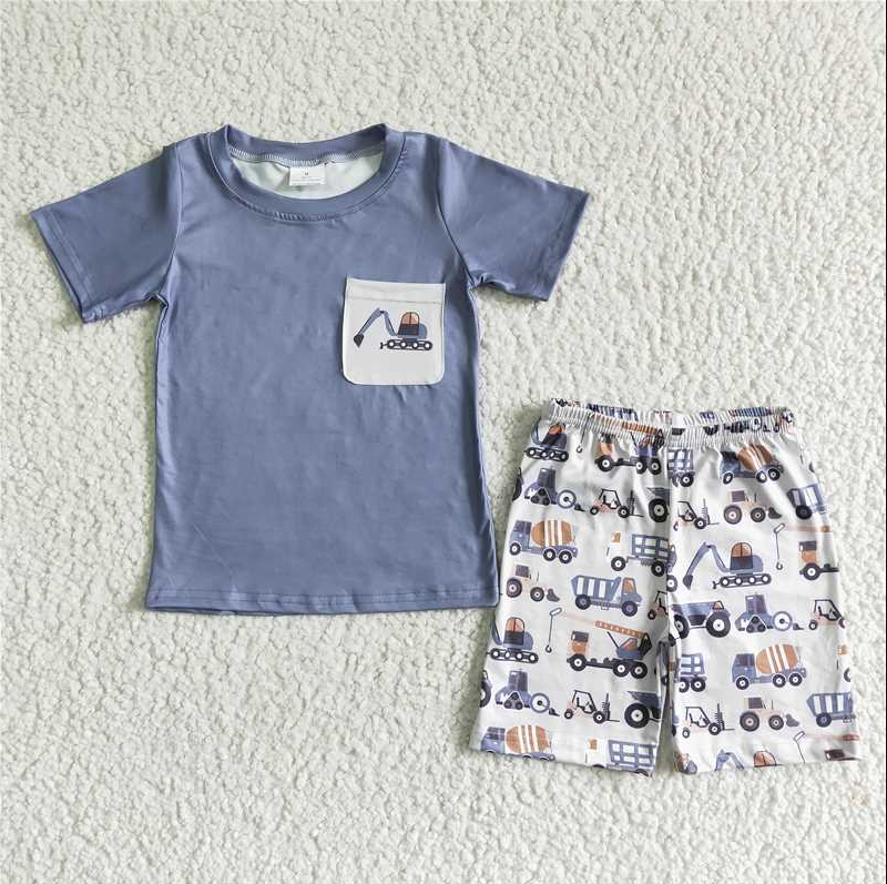 RTS NO MOQ（In Stock）BSSO0063 Baby boys grey pocket digger print short sleeve short pants milk silk