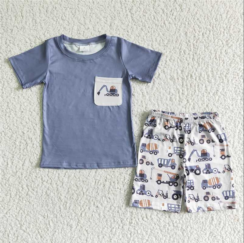 BSSO0063 Baby boys grey pocket digger print short sleeve short pants milk silk