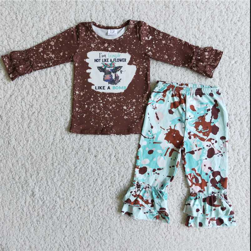 6 C7-31 girl  clothes  long sleeves long pants cow print baby clothing girl's outfit milk silk