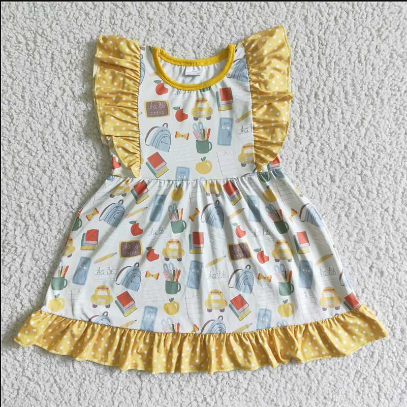 GSD0061Girl children clothing flying sleeve  dress  milk silk dresses RTS cartoon print