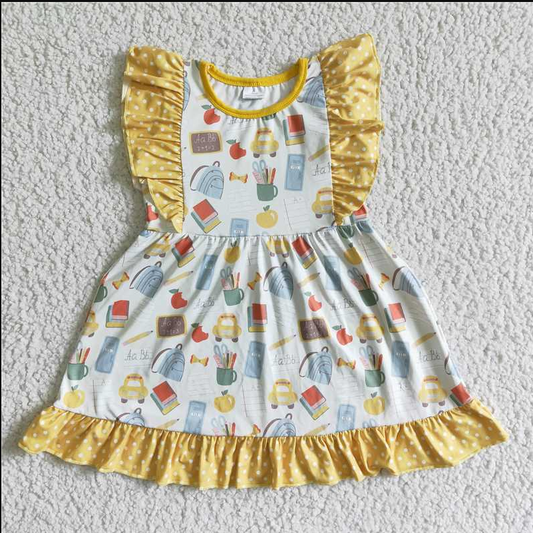 GSD0061Girl children clothing flying sleeve  dress  milk silk dresses RTS cartoon print