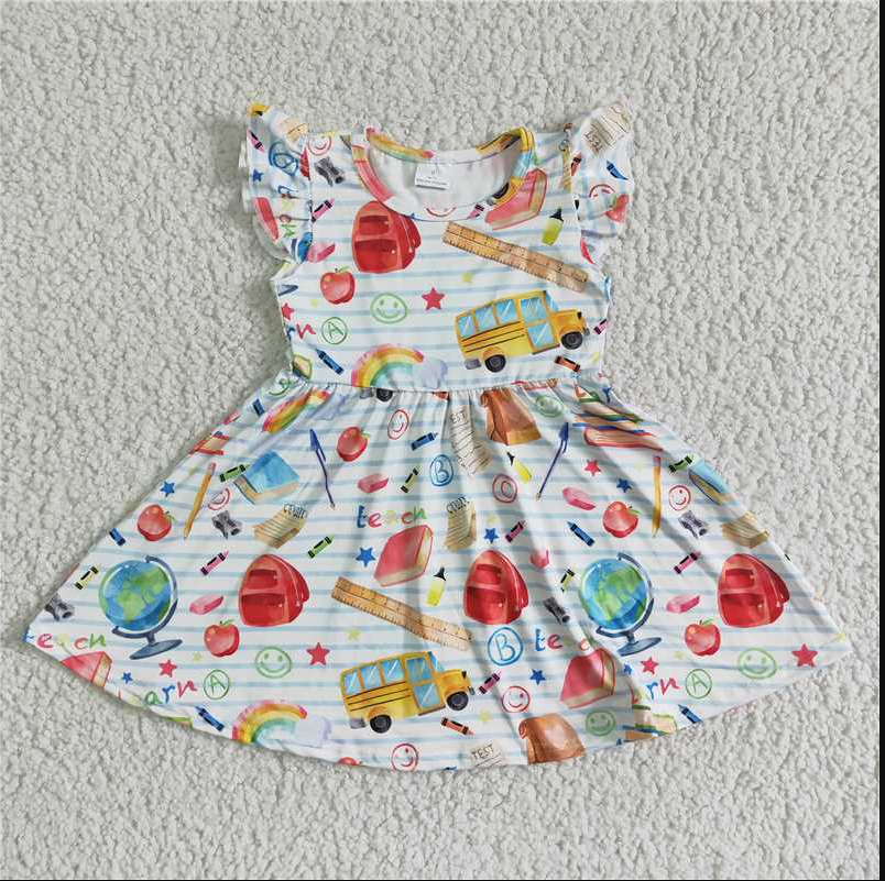 GSD0085 Girl children clothing flying sleeve  dress  milk silk dresses RTS cartoon print