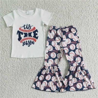 girls outfit short sleeve and long pants baseball print