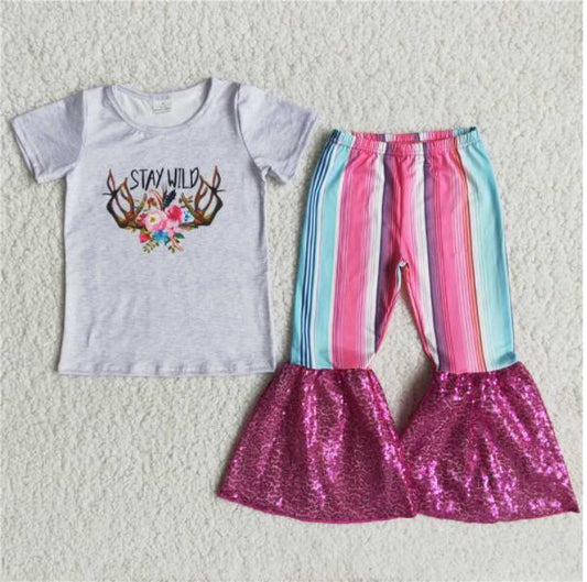 Girls outfit short sleeve long pants set cartoon print