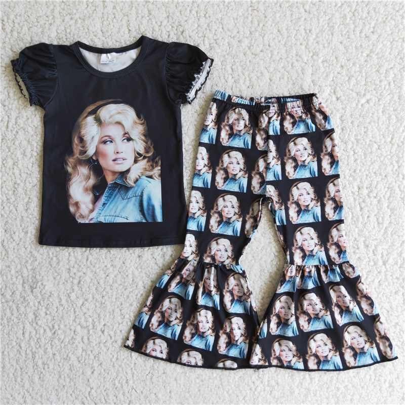 Girls outfit short sleeve long pants set cartoon print