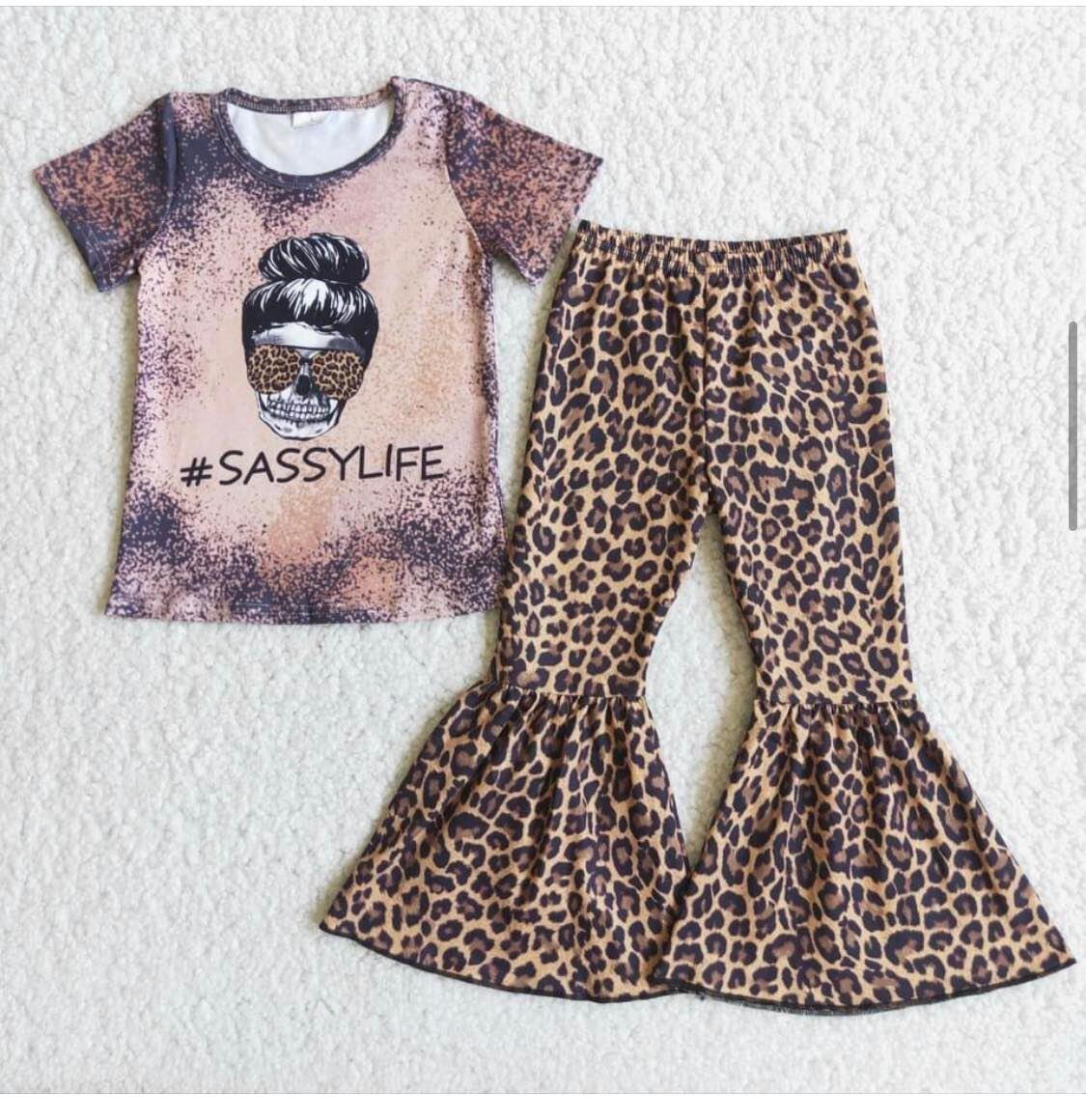 Girls Short Sleeve Top Leopard Print Flared Pants Set