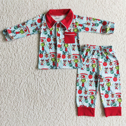 6C11-17 Kids Christmas Clothing Boys Long Sleeve Top And Long Pants Pajamas Cartoon Print