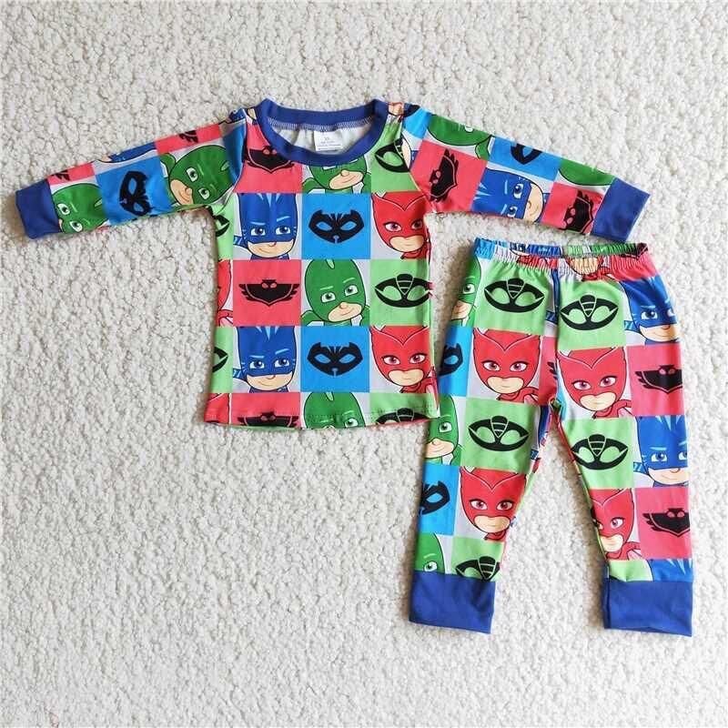 Kids Blue Clothing Boys Long Sleeve Top And Long Pants Pajamas Cartoon Print