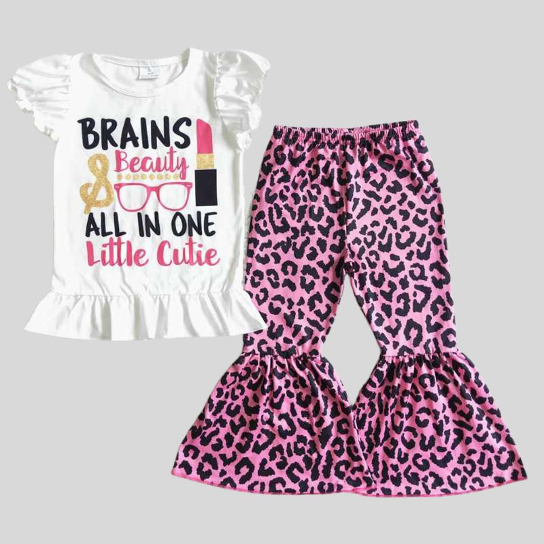 GSPO0079 girls outfit short sleeve and long pants pink Leopard print
