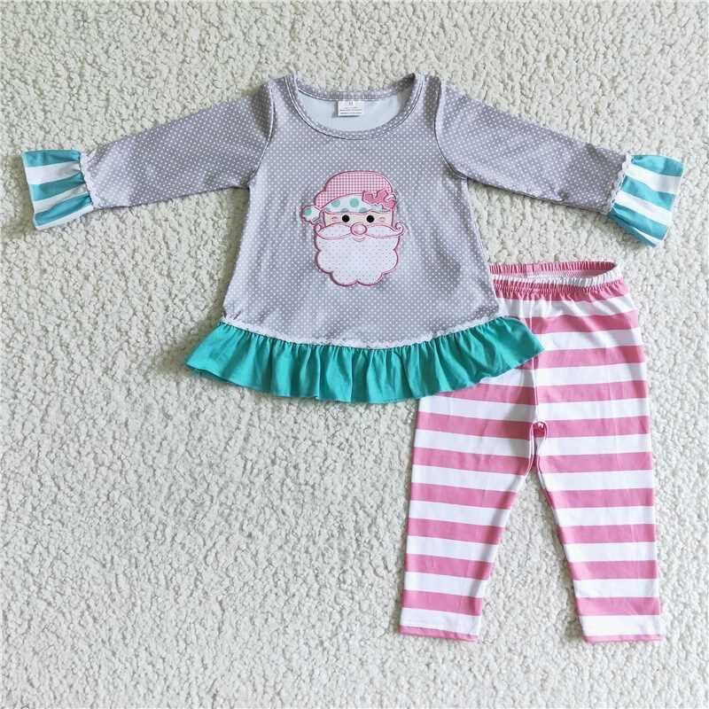 6 A11-27 girls christmas outfit long sleeve and long pants Santa Claus print