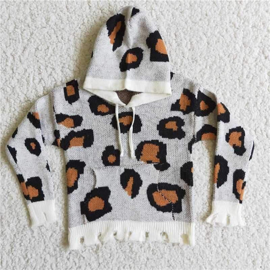 6 B0-18 girls clothing long sleeve sweater grey leopard print with a hat