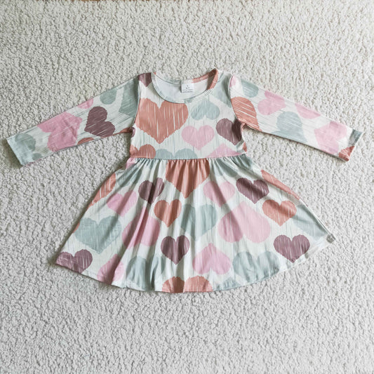 6 A1-5 baby Valentine's Day clothing long sleeve heart print kids dresses for girls milk silk