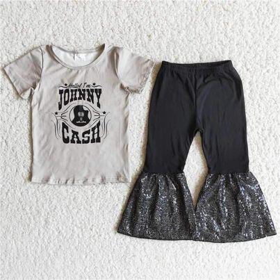 A17-14 Kids Clothing Girls Short Sleeve Top And Long Pants Letter Print