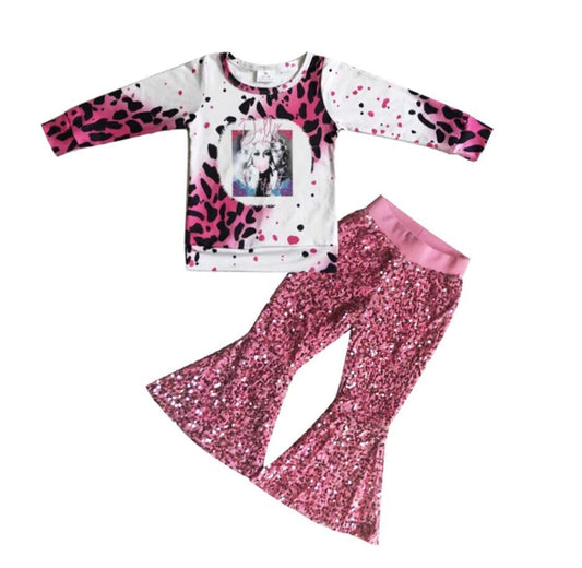 Girls Clothing Long Sleeve Long Pants Cartoon Print Sequin Pants Set