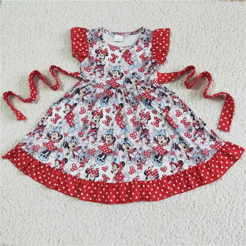 GSD0043 baby girls dress over knee cartoon print clothes flying sleeve