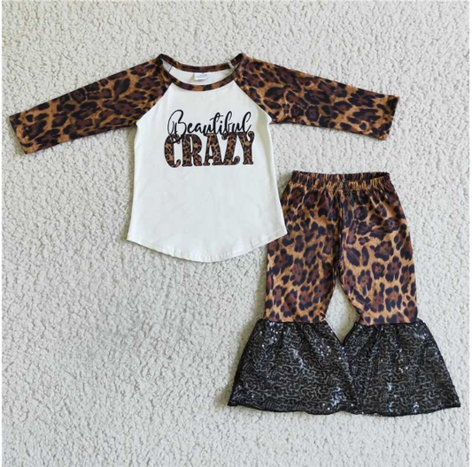 6 B2-14 CRAZY leopard-print long-sleeved sequined flared pants set