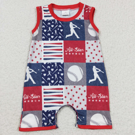 SR0356 Baseball Plaid Red Sleeveless Bodysuit Rompers