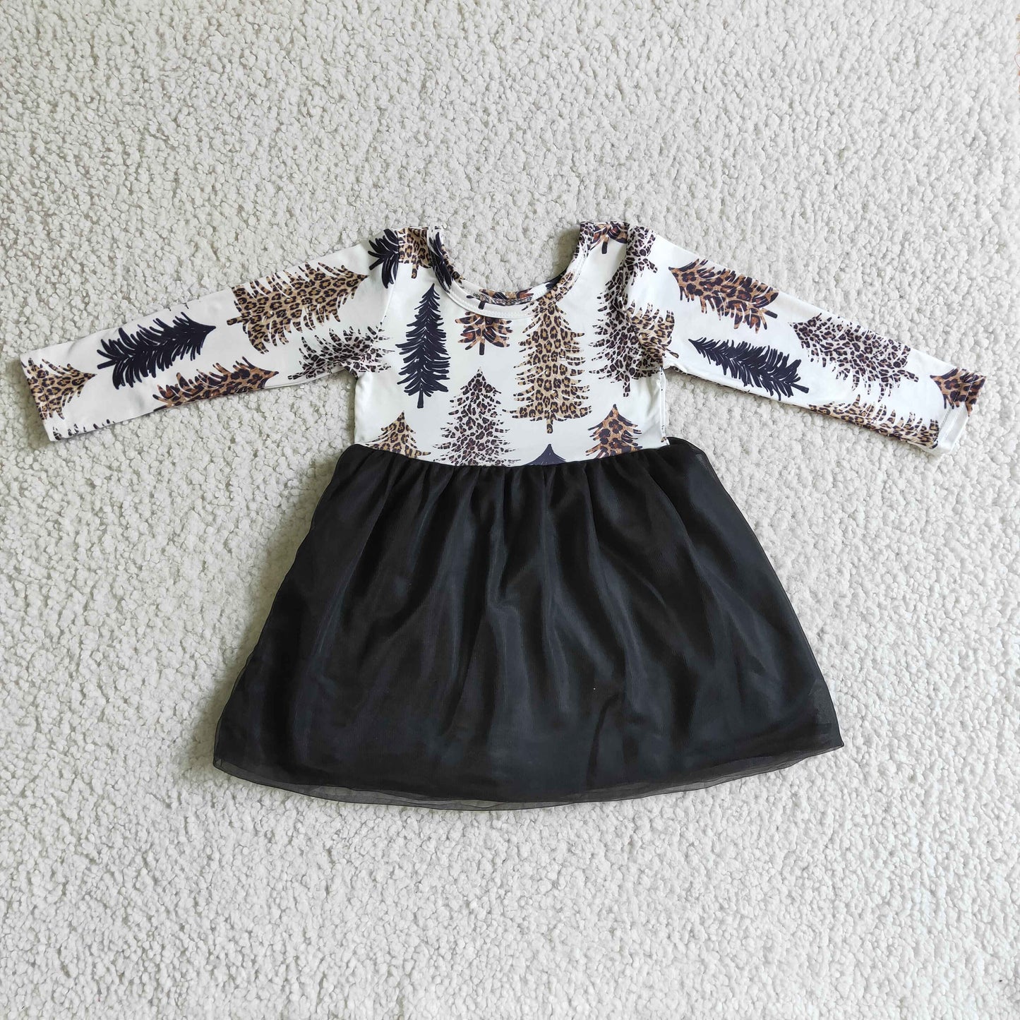 RTS NO MOQ GLD0131 Christmas Tree Print Mesh Long Sleeve Dress