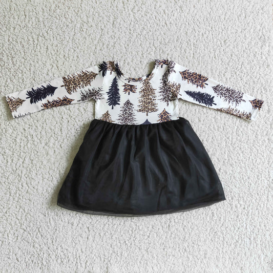 RTS NO MOQ GLD0131 Christmas Tree Print Mesh Long Sleeve Dress