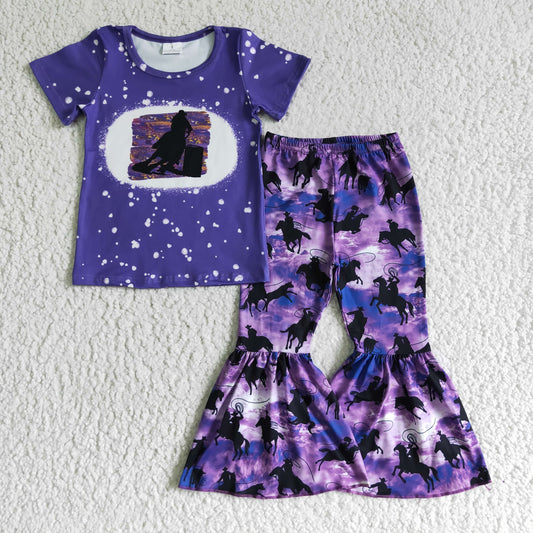 rts no moq GSPO0203 kids purple clothing girls short sleeve top with pants cow print