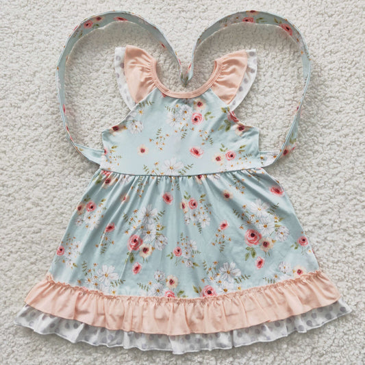 GSD0308 Pink Flower Green Flying Sleeve Dress