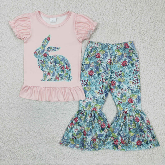GSPO0341 Kids Easter Clothing Girls Short Sleeve Top And Long Pants Rabbit Print