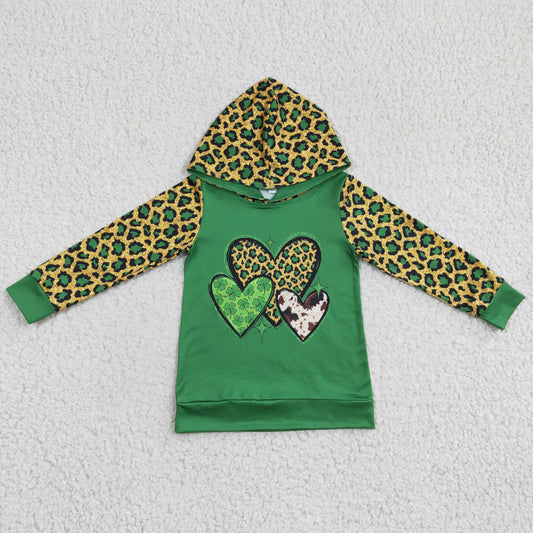 GT0074 Girls Leopard Print Heart Green Hooded Long Sleeve Top