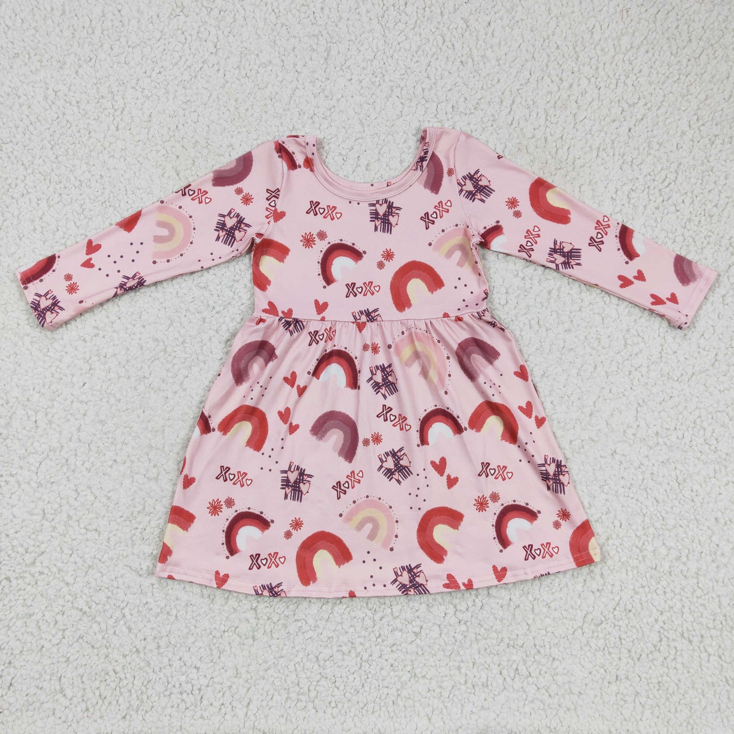 RTS NO MOQ（In Stock ) GLD0178 Valentine's Day baby clothing long sleeve kids dresses for girls milk silk cartoon print