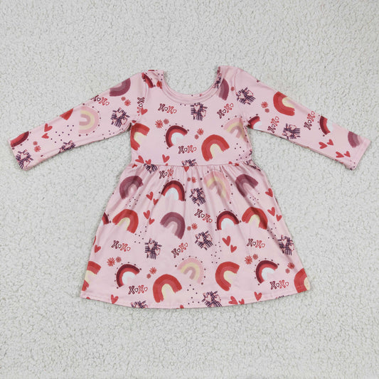RTS NO MOQ（In Stock ) GLD0178 Valentine's Day baby clothing long sleeve kids dresses for girls milk silk cartoon print