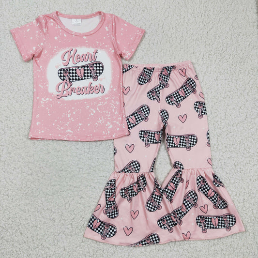 GSPO0320 Girl heart love skateboard pink short-sleeved trousers suit