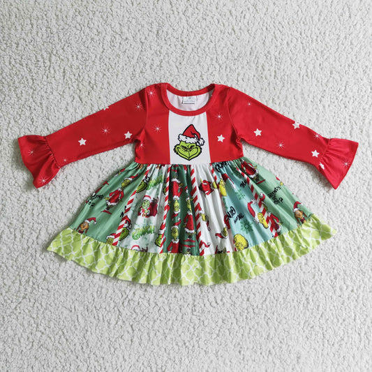 GLD0099 baby clothing long sleeve cartoon print Christmas kids dresses for girls milk silk