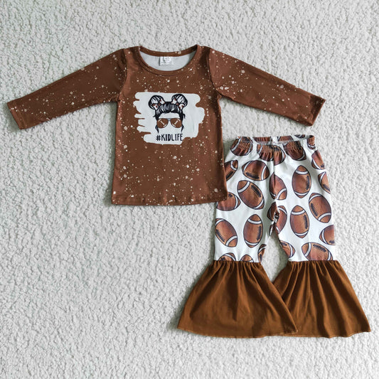 6C11-1 girls outfit brown long sleeve and long pants cartoon print