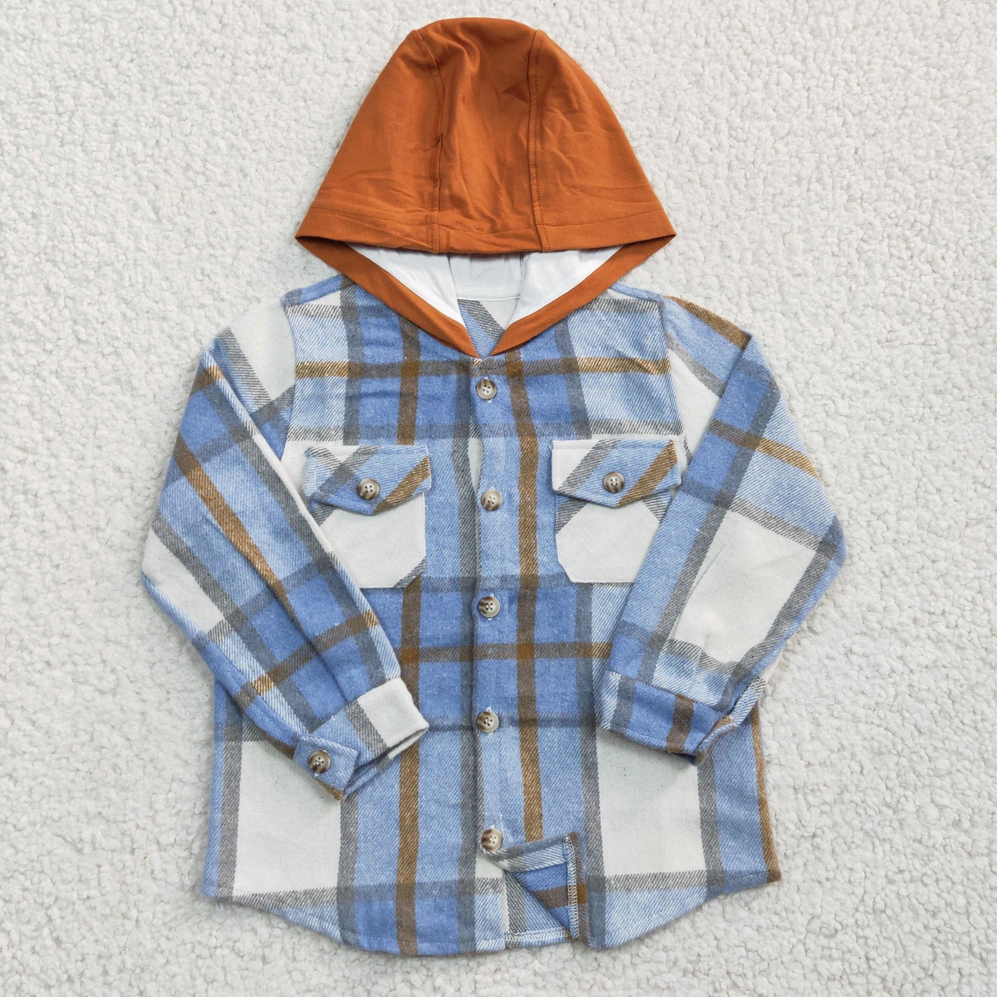 BT0208 Boys Blue Plaid Hooded Long Sleeve Shirt