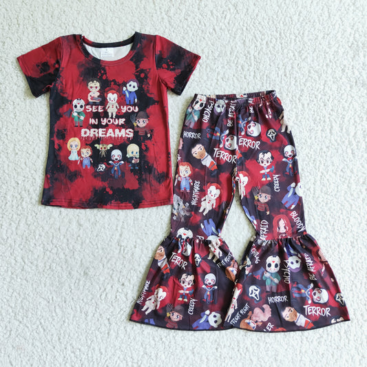 Girls outfit short sleeve long pants set cartoon print