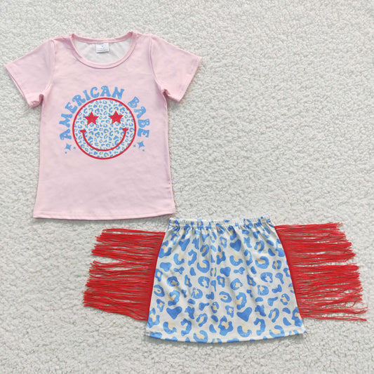 GSD0339 BABE smiley pink short sleeve blue leopard tassel half