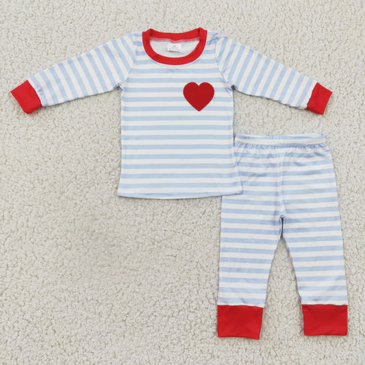 BLP0149 Boys Embroidered Heart Blue Stripe Long Sleeve Trousers Set