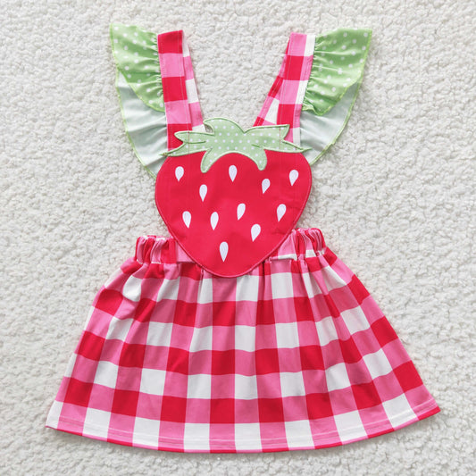 RTS NO MOQ GSD0241  Girls strawberry red plaid vest dress