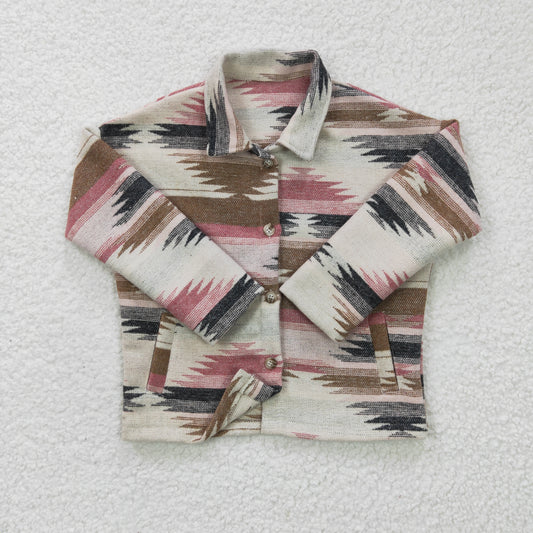 GT0084 Girls Pink Brown Geometric Stripe Pattern Shirt