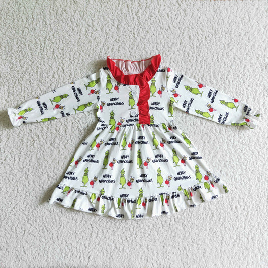 GLD0068 girls christmas dress cartoon print long sleeve dress